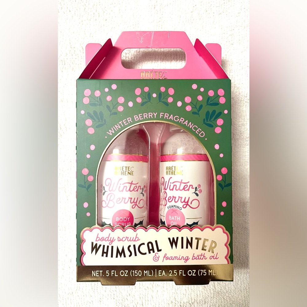 Arete & Athene whimsical Winter Berry Body Scrub & Foaming Bath Set New NIB